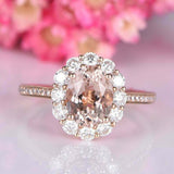 2.5ct Oval Cut Peach Morganite Engagement Ring Halo Floral 14k Rose Gold Finish