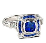 2.5ct Cushion Cut Blue Sapphire Engagement Ring 14k White Gold Finish Art Deco