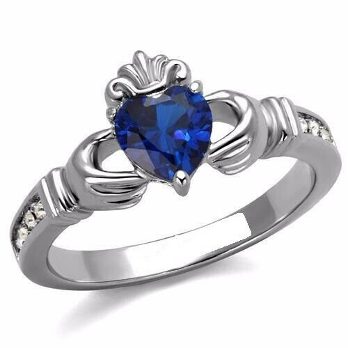 1ct Heart Cut Blue Sapphire Diamond Claddagh Engagement Ring 14k White Gold Over