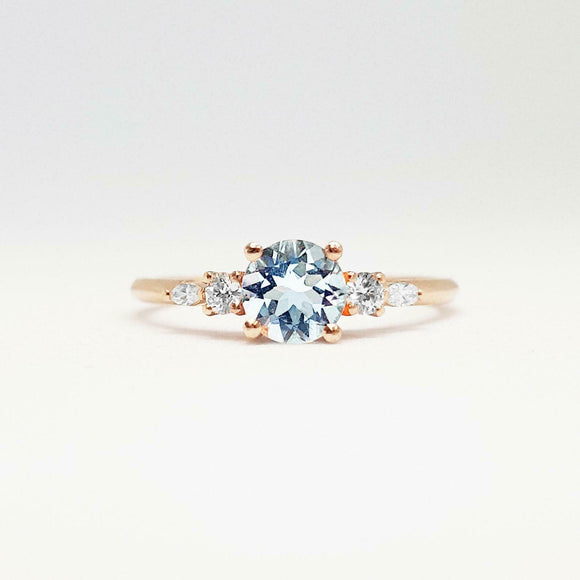 0.7ct Round Cut Blue Aquamarine Five Stone Engagement Ring 14k YellowGold Finish