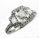 5.5ct Asscher Trilogy Halo Engagement Ring 14K White Gold Over Trapezoid Accents