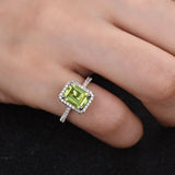 2Ct Emerald Cut Green Peridot Halo Solitaire Engagement Ring 18K White Gold Over