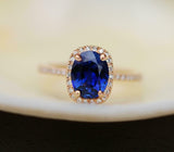 1.67ct Engagement Ring Oval Cut Blue Sapphire Diamond Halo 14k Rose Gold Finish