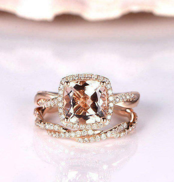 2.5ct Cushion Cut Peach Morganite Bridal Set Engagement Ring 18k Rose Gold Over