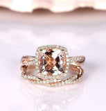 2.5ct Cushion Cut Peach Morganite Bridal Set Engagement Ring 18k Rose Gold Over