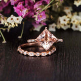 2ct Princess Cut Morganite Milgrain Bridal Set Engagement Ring 14k RoseGold Over
