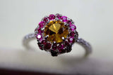 2.2ct Engagement Ring Round Cut Yellow Citrine Pink Ruby Halo 14k WhiteGold Over