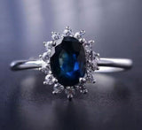 2.35ct Engagement Ring Oval Cut Blue Sapphire Halo Floral 14k White Gold Finish