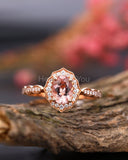 1ct Oval Cut Simulated Peach Morganite Halo Milgrain Ring 14k Rose Gold Plated