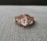 3.5ct Emerald Cut Peach Morganite Bridal Set Engagement Ring 18K Rose Gold Over