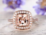 2ct Cushion Cut Peach Morganite Diamond Halo Bezel Set Ring 14k Rose Gold Finish