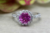 2.3ct Round Cut Pink Sapphire Engagement Ring Diamond Halo 14k White Gold Finish