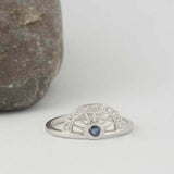 0.2ct Engagement Ring Round Cut Blue Sapphire Sun Crown 14k White Gold Finish