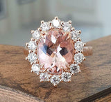 3ct Engagement Ring Oval Cut Peach Morganite Flower Solitaire 14k Rose Gold Over