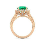 4Ct Cushion Cut Green Emerald Diamond Halo Engagement Ring 14K Rose Gold Finish