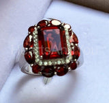 2.2ct Emerald Cut Simulated Red Garnet Halo Cocktail Ring 14k White Gold Plated