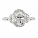 2.23ct Oval Cut Diamond Engagement Ring Halo Leaf Design 14k White Gold Finish