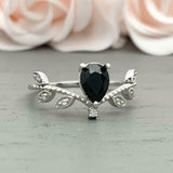 1ct Engagement Ring Pear Cut Black Diamond Leaf Vine Petite 14k WhiteGold Finish