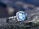 2.2ct Cushion Cut Blue Topaz Engagement Ring Diamond Halo 14k White Gold Finish