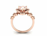 1.6ct Round Cut Peach Morganite Flower Leaves Engagement Ring 14k Rose Gold Over