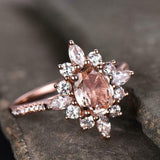 2.4ct Engagement Ring Oval Cut Morganite Sunburst Diamond 14k Rose Gold Finish