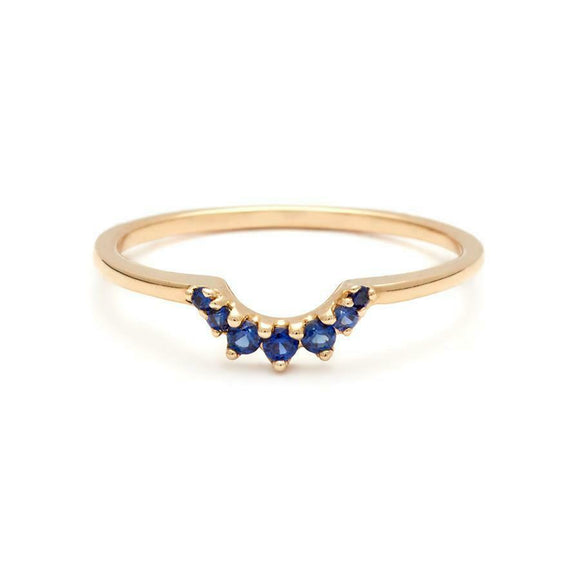 0.12ct Round Cut Blue Sapphire Wedding Band 14k Yellow Gold Finish Crown Tiara