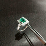 1.5ct Engagement Ring Green Emerald Cut Round Accent Halo 14k White Gold Finish