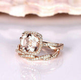 2.5ct Cushion Cut Peach Morganite Bridal Set Engagement Ring 18k Rose Gold Over
