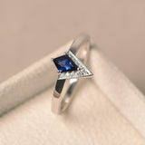 0.5ct Engagement Ring Kite Cut Blue Sapphire V Shape Crown 14k White Gold Finish