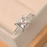 1.2ct Engagement Ring Princess Cut Peach Morganite Halo 14k White Gold Finish
