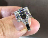 2.3ct Engagement Ring Emerald Cut Diamond Three Stone 14k White Gold Finish