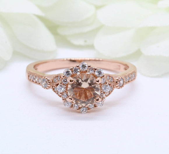 2ct Round Cut Peach Morganite Engagement Ring Vintage Art Deco 14k RoseGold Over