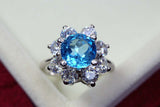2.25ct Engagement Ring Round Cut Blue Topaz Diamond Floral 14k White Gold Finish