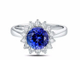 2.3ct Engagement Ring Round Cut Blue Sapphire Halo Floral 14k White Gold Finish
