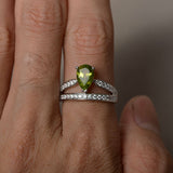 1.5ct Pear Cut Green Peridot Crown Design Engagement Ring 18k White Gold Finish