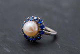 2.1ct Pearl Halo Round Blue Sapphire Engagement Ring 14k White Gold Finish