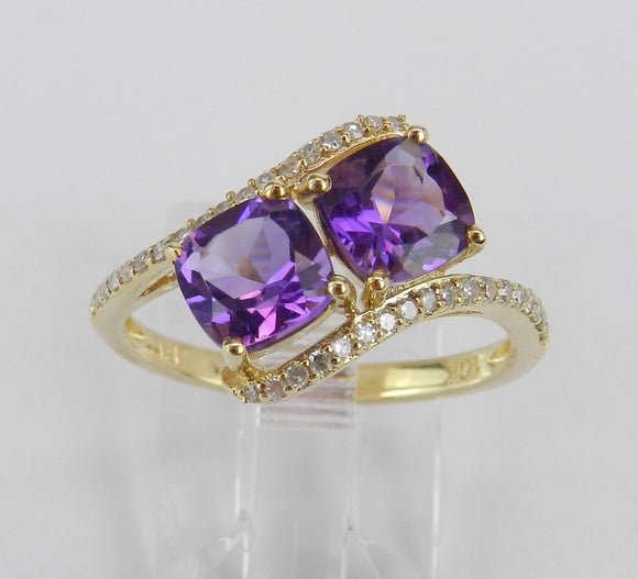 3ct Cushion Cut Purple Amethyst Two Stone Engagement Ring 14k Yellow Gold Finish