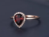 0.5ct Pear Cut Red Garnet Halo Solitaire Engagement Ring 14k Rose Gold Finish