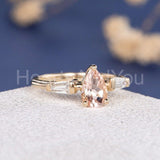 1ct Pear Cut Simulated Morganite Three Stone Engagement Ring 14k Gold Plated