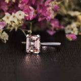 1ct Emerald Cut Peach Morganite Solitaire Engagement Ring 14k White Gold Finish