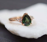 2ct Engagement Ring Pear Cut Green Emerald Diamond Petite 14k Rose Gold Finish
