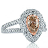 1.42ct Pear Cut Peach Morganite Split Shank Dual Halo Ring 14k Dual Gold Finish