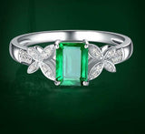 2.35ct Engagement Ring Green Emerald Cut leaf Accent 14k White Gold Finish