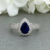 3ct Pear Cut Blue Sapphire Halo Solitaire Engagement Ring 14k White Gold Finish