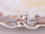 3ct Cushion Cut Peach Morganite Engagement Ring Split Shank 14k WhiteGold Finish