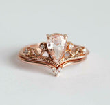 1.5ct Pear Cut Peach Morganite Crown Tiara Bridal Set Ring 14k Rose Gold Finish