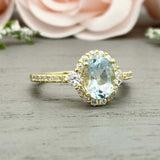 2.3ct Oval Cut Blue Aquamarine Diamond Accent Halo Ring 14k Yellow Gold Finish