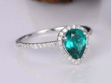 1.5ct Pear Cut Green Emerald Engagement Ring Diamond Halo 14k White Gold Finish