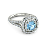 4Ct Cushion Cut Blue Aquamarine Dual Halo Engagement Ring 14K White Gold Finish
