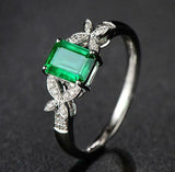 2.35ct Engagement Ring Green Emerald Cut leaf Accent 14k White Gold Finish